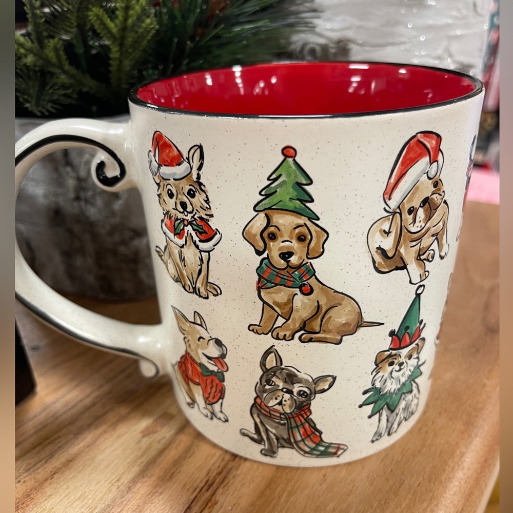 Christmas Dogs Frenchie Pug Dachshund Corgi Ceramic scroll Handle Coffee Mug NWT